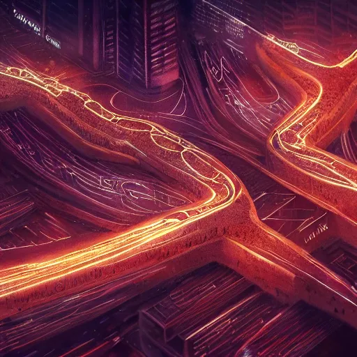 Prompt: detailed intricate digital illustration by greg rutkowski and artgerm and wlop and sanford robinson gifford ; glowing anatomically correct human veins loom over city intersection ; 1 3 mm film, arri alfa anamorphic lens ; long exposure, sharp focus ; golden hour, trending on artstation 8 k