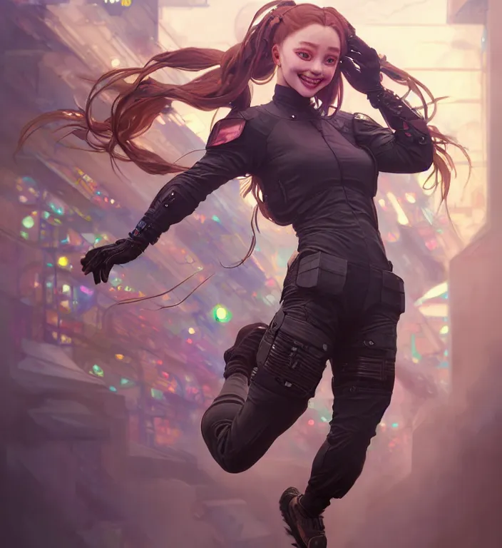 Prompt: full body painting of chuu loona cyberpunk mercenary smiling and jumping, perfect face, ultra realistic, concept art, intricate details, eerie, highly detailed, photorealistic, octane render, 8 k, unreal engine. art by artgerm and greg rutkowski and magali villeneuve and alphonse mucha