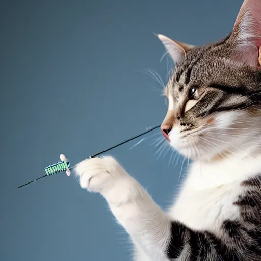 Prompt: a cat injecting a needle in it's own arm