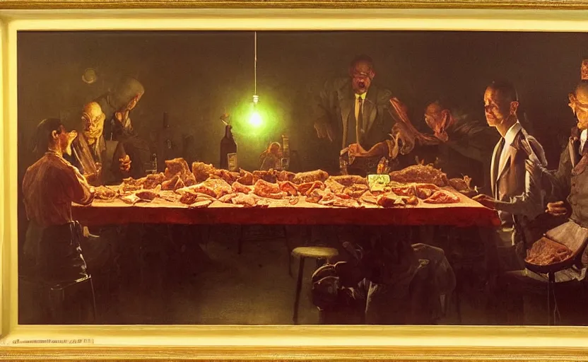 Image similar to a formal dinner party involving a great deal of meat on a table in a dark kitchen lit by a single bulb, painted by rick berry and norman rockwell and zdzislaw beksinski, highly detailed, muted colours