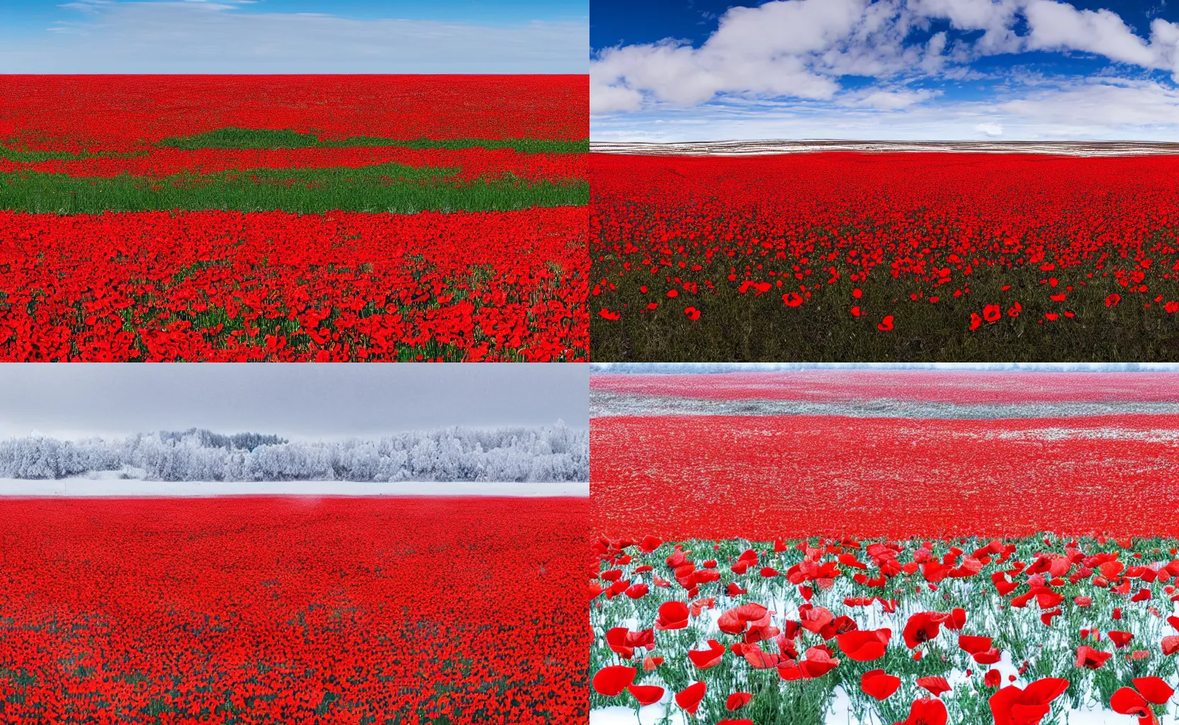 Prompt: a panoramic photo of a field of poppies in the snowy north pole climate