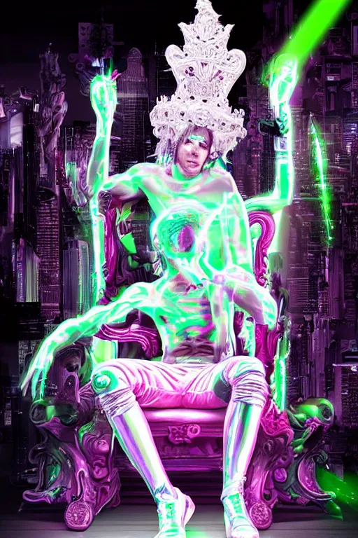 Image similar to full-body rococo and cyberpunk style neon statue of a young attractive Jose macho dotado e rico android sim roupa reclining con las piernas abertas e la piroca dura, glowing white lasers, glowing eyes, silver prince crown, black gears, pink diamonds, swirling mint-colored silk fabric. futuristic elements. ethereal white dripping tar. full-length view. human skulls. large pink balloon animals. intricate artwork by caravaggio. Trending on artstation, octane render, cinematic lighting from the right, hyper realism, octane render, 8k, depth of field, 3D