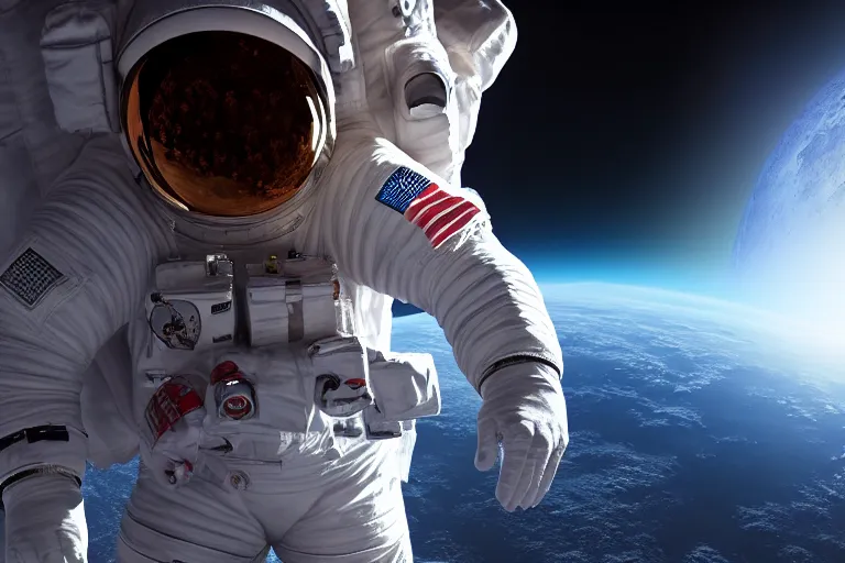 Prompt: astronaut in space wearing a spacesuit floating, mars in background, highly detailed, photorealistic portrait, bright studio setting, studio lighting, crisp quality and light reflections, unreal engine 5 quality render