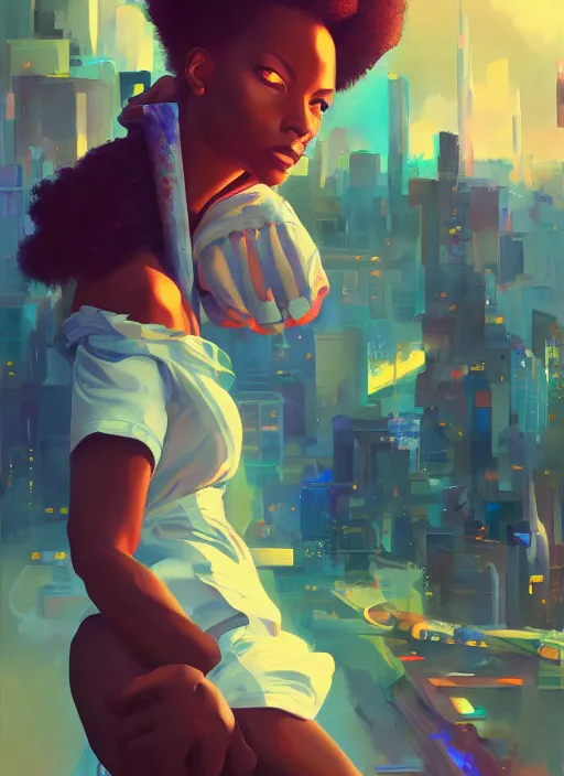 Image similar to afro - futurist artists, paint, brushes and canvas, hacking the metaverse of art | hyperrealistic oil painting | by makoto shinkai, ilya kuvshinov, lois van baarle, rossdraws | afrofuturism, in the style of hearthstone, trending on artstation | dark color scheme