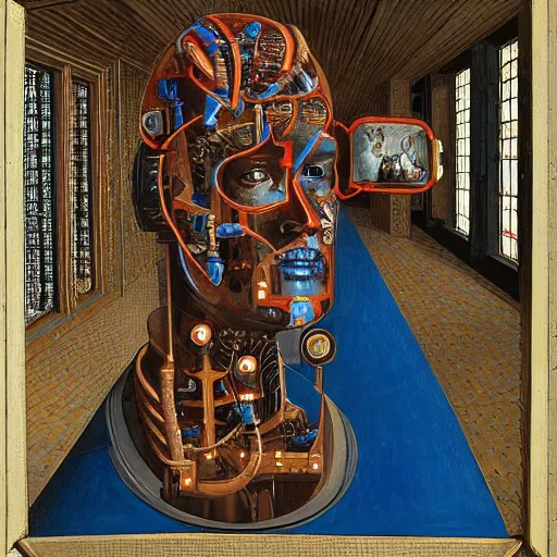 Image similar to a portrait of cyborg queen jacked into a man-machine interface by Jan van Eyck