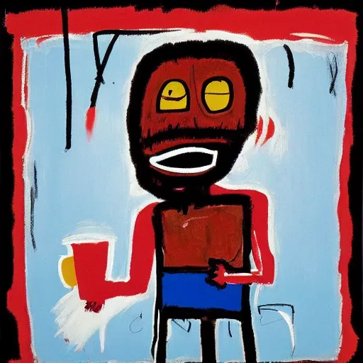 Prompt: It's morning. Sunlight is pouring through the window bathing the face of a man holding a red cup of fresh coffee. A new day has dawned bringing with it new hopes and aspirations. Painting by Basquiat, 1981