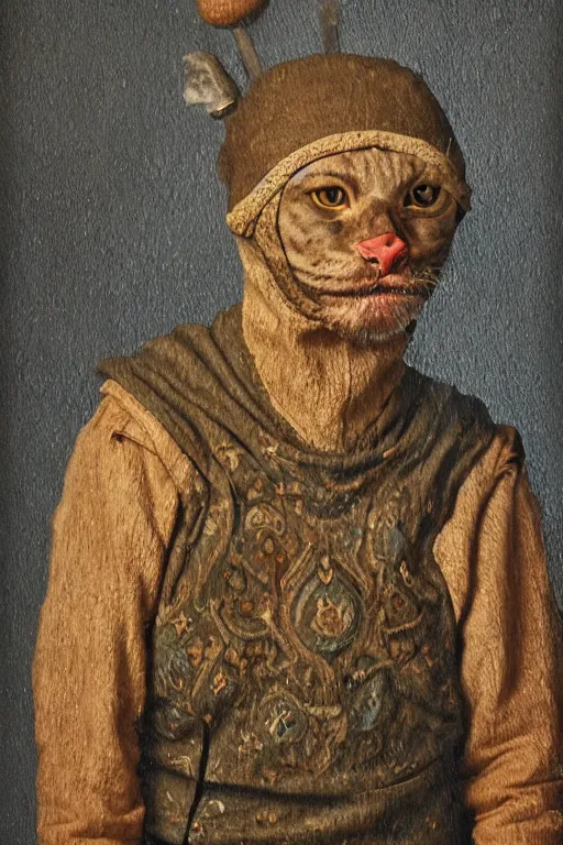 Prompt: Slavic cat head man, woolen torso in medieval clothes, Saint Christopher, oil painting, hyperrealism, beautiful, high resolution, trending on artstation