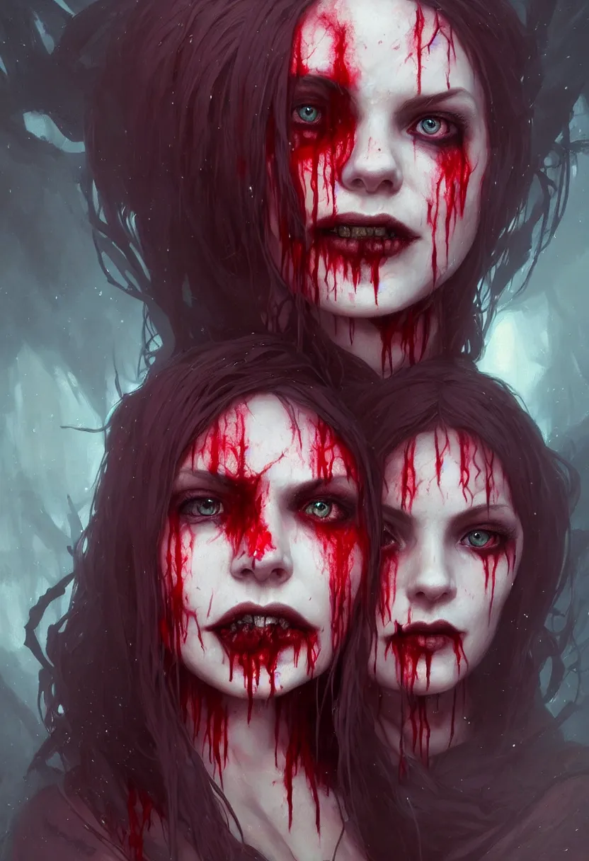 Prompt: beautiful very extreme closeup portrait, one face, bloody face, vampire girl, much blood, medieval dress. witch, makeup. unreal engine, greg rutkowski, loish, rhads, beeple, tom bagshaw, alphonse mucha, global illumination, detailed and intricate environment