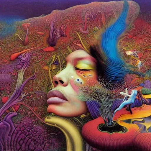 Image similar to ultrawide angle colour masterpiece surreal closeup portrait photography of jimi hendrix playing on stage by miho hirano and annie leibovitz and michael cheval, weird surreal epic psychedelic complex biomorphic 3 d fractal landscape in background by kilian eng and roger dean and salvador dali and beksinski, 8 k