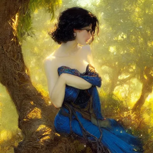 Image similar to portrait of a woman resting on a large tree, short black hair, decorative dark blue clothing, sharp focus, ultra realistic illustration, colorful, cinematic lighting, high fantasy, intricate, highly detailed, smooth, elegant, gaston bussiere, bayard wu, greg rutkowski