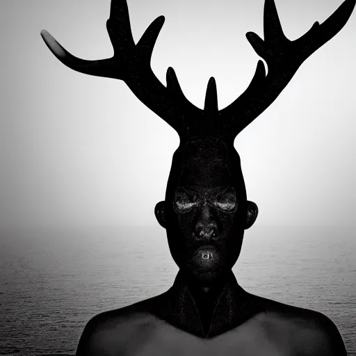 Image similar to photo of a black humanoid figure with antlers on his head, no facial features, near a pond, horror setting, photorealistic,