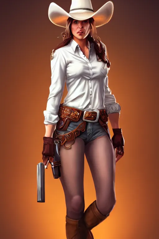 Image similar to full body, female cowgirl, perfect face, white blouse, empty gun holster, 8 k, magic the gathering, desert, d & d, artstation, high detail, smooth, muscular