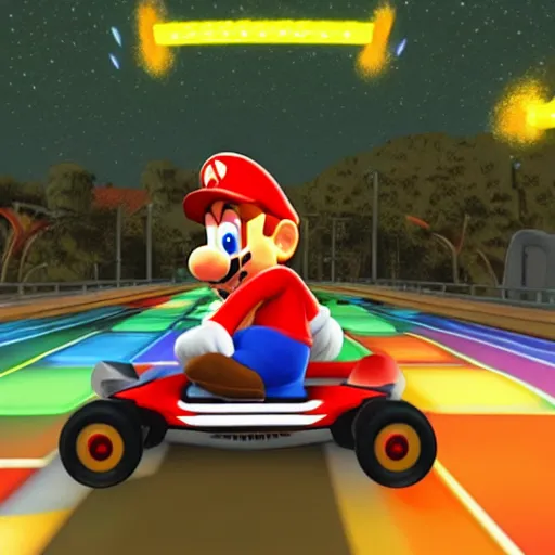 Prompt: video game screenshot of eminem in mario kart