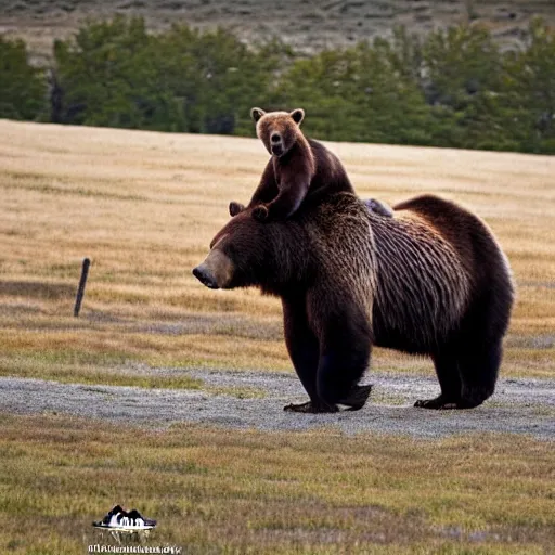 Image similar to Grizzly bear riding a horse.