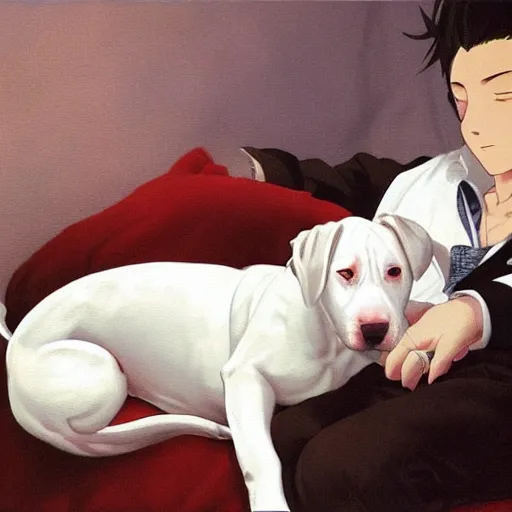 Image similar to painting of tired white pitbull puppy curled up on a japanese man's lap, highly detailed, cozy aesthetic, anime key visual, fukaya yuichiro