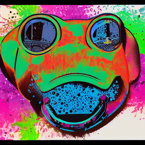 Image similar to illustration of cyberpunk frog, colorful splatters, by andy warhol and by zac retz and by kezie demessance