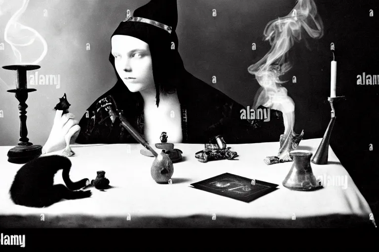 Image similar to close up portrait, dramatic lighting, concentration, calm confident teen witch and her cat, tarot cards displayed on the table in front of her, sage smoke, magic wand, a witch hat cloak, apothecary shelves in the background 1 9 2 0's photo, damaged film