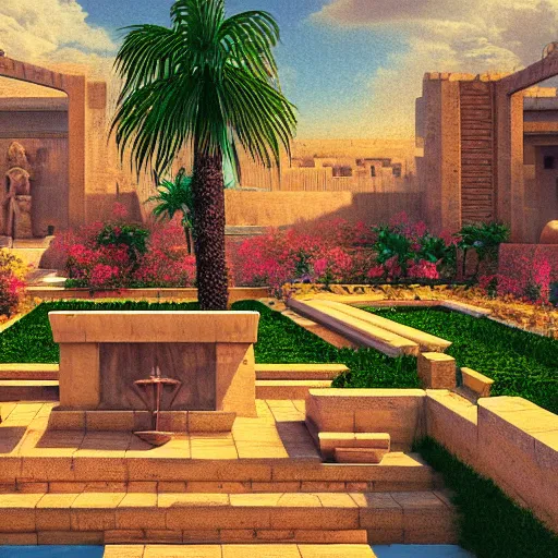 Image similar to babylonian garden, epic retrowave art, trending on art station