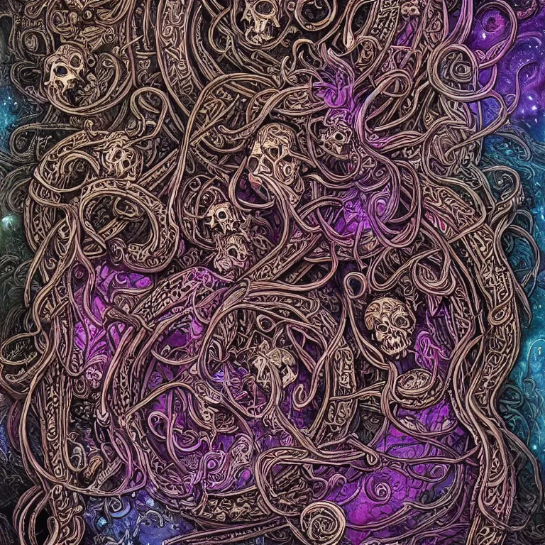 Image similar to a intricate mandala of skulls and flesh and bone with deep and intricate rune carvings and weaving lovecraftian tentacles by dan mumford, space nebula, twirling smoke trails, a twisting vortex of dying galaxies, collapsing stars, digital art, photorealistic, vivid colors, highly detailed, intricate