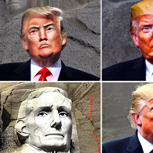 Image similar to donald trump's face carved into the rock on mount rushmore. the photo clearly depicts donald trump's facial features next to other former presidents, at a slightly elevated level, depicting his particular hair style carved into the stone at the mountain top, centered, balances, regal, pensive, powerful, just