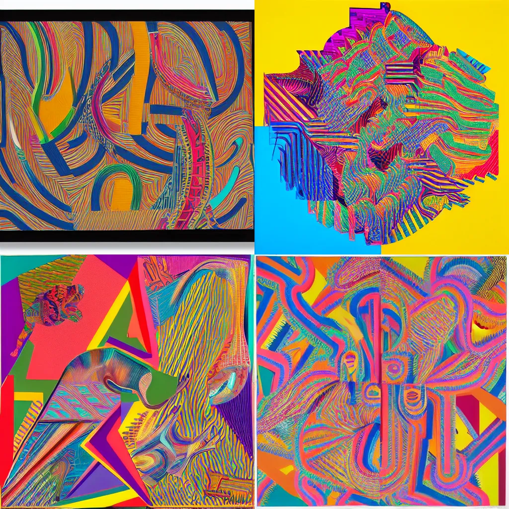 Prompt: people and animals, colorful generative art, neon, contemporary, integral painting, by Frank Stella, by William Weege, by Eduardo Paolozzi