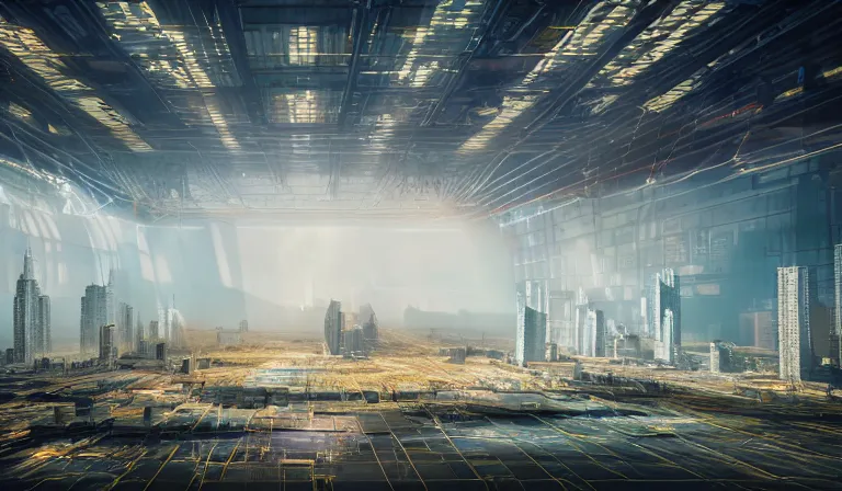 Prompt: group of people in bare walled warehouse, looking at hologram of futuristic city on a table, cinematic concept art, godrays, golden hour, natural sunlight, 4 k, clear details, tabletop model buildings, center model buildings, hologram center, crane shot, crane shot, crane shot