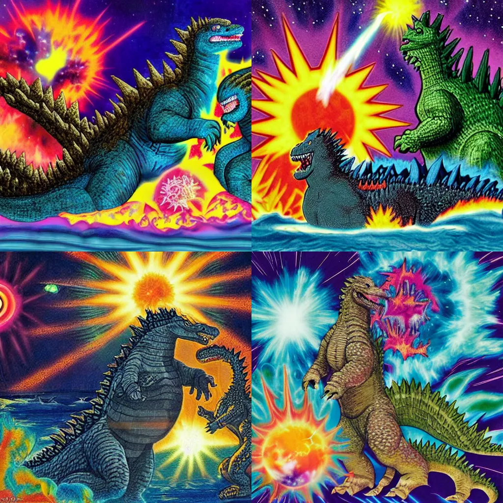 Prompt: Godzilla fighting mothera, lisa frank, the background is a supernova, \'Guernica\': A Symbol Against War, haunting