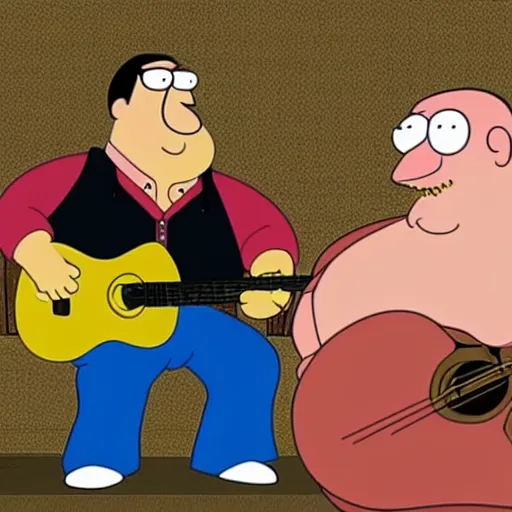 Prompt: bert jansch playing guitar next to peter griffin in family guy