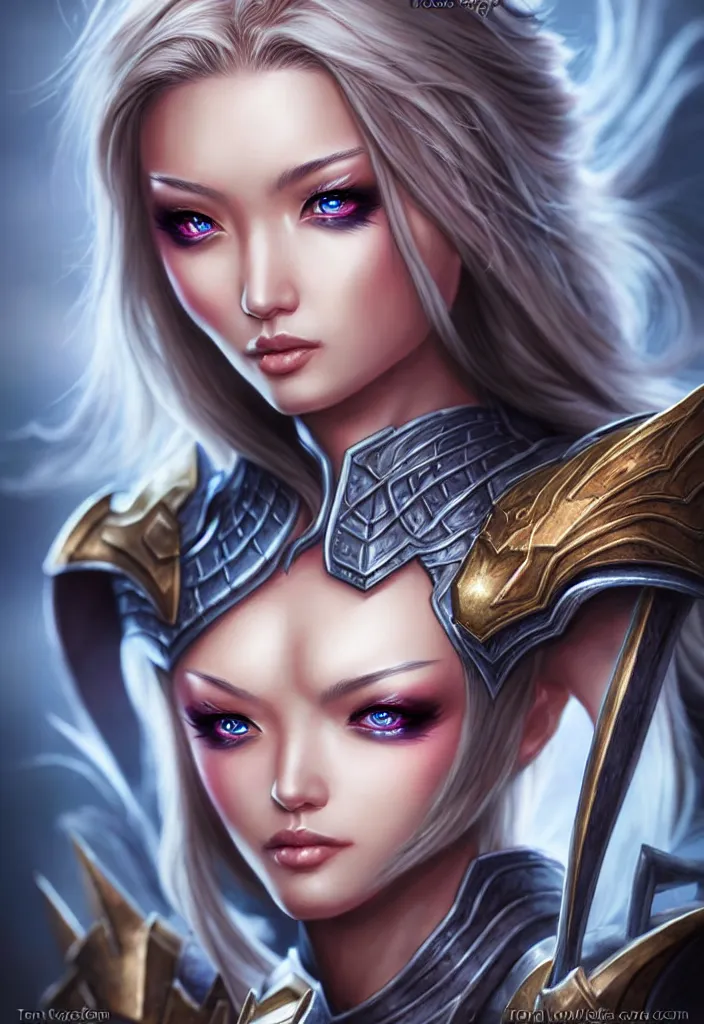 Image similar to sakimi chan, fantasy armor, detailed face, tony sart, hyper realistic