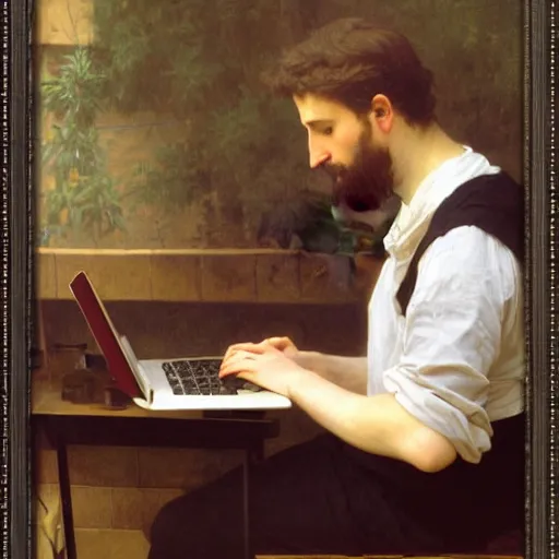 Image similar to an oil painting of an man playing a laptop, by Bouguereau, highly detailed and intricate,