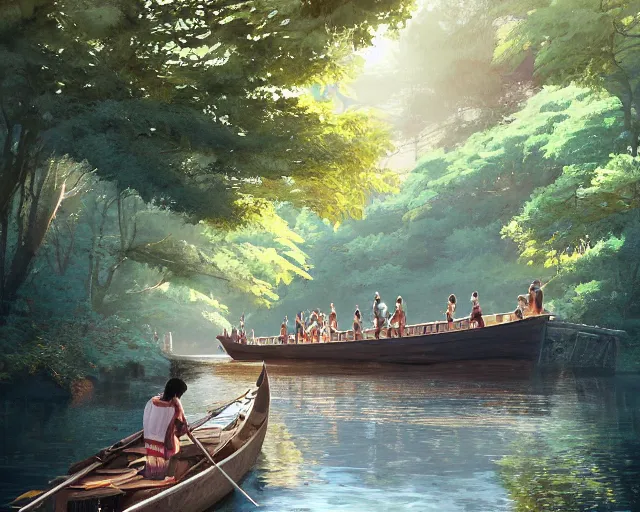 Prompt: a wooden boat with people on it in a very narrow river, trees, shady, ripples, reflections. By Makoto Shinkai, Stanley Artgerm Lau, WLOP, Rossdraws, James Jean, Andrei Riabovitchev, Marc Simonetti, krenz cushart, Sakimichan, trending on ArtStation, digital art.