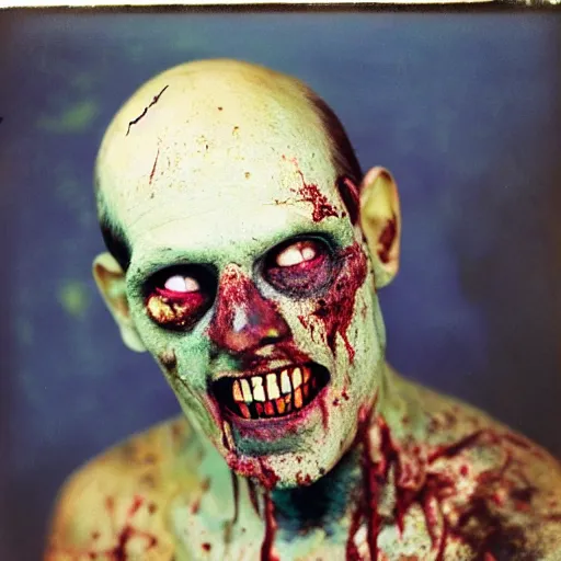 Image similar to real color portrait photo of a zombie smiling