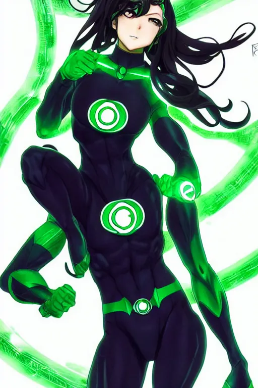 Image similar to anime key visual of a beautiful young female green lantern!! intricate, green and black suit, glowing, powers, dc comics, cinematic, stunning, highly detailed, digital painting, artstation, smooth, hard focus, illustration, art by artgerm and greg rutkowski and alphonse mucha