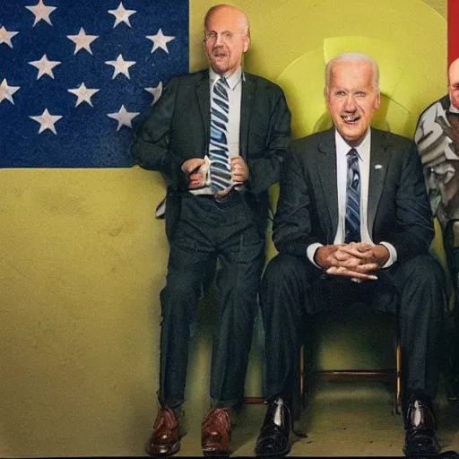 Image similar to joe biden coneheads band mirror room album cover, chamber of reflections, dramatic lighting, ray tracing, refraction, shallow d. o. f, colour corrected, golden ratio, three point light. volumetric shadows. light rays