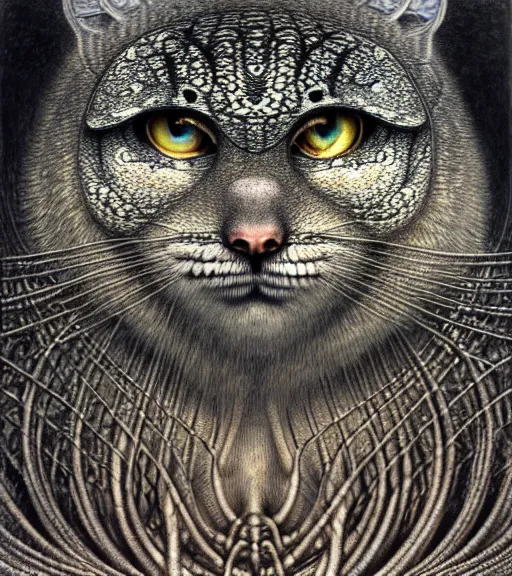 Prompt: detailed realistic beautiful manul face portrait by jean delville, gustave dore, iris van herpen and marco mazzoni, art forms of nature by ernst haeckel, art nouveau, symbolist, visionary, gothic, neo - gothic, pre - raphaelite, fractal lace, intricate alien botanicals, ai biodiversity, surreality, hyperdetailed ultrasharp octane render