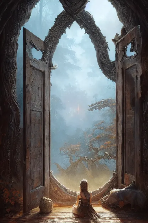 Image similar to large rustic intricately decorated wooden double door, metal handles, a view to a fantasy world, ethereal back light, mist, coherent composition, fantasy painting by artgerm, greg rutkowski, noriyoshi ohrai, yuumei