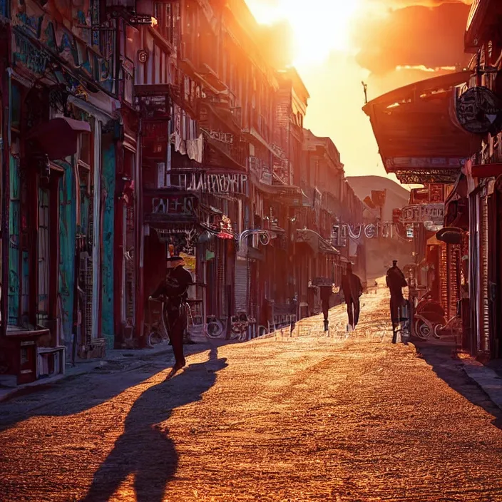 Image similar to a sunset light historical wild west broad empty street, duel between two cowboys, cowboy seen from the back, lots of sparkling details and sun ray's, blinding backlight, smoke, volumetric lighting, colorful, octane, 3 5 mm, saloon exterior, empty old town street, beautiful epic colored reflections, very colorful heavenly, softlight