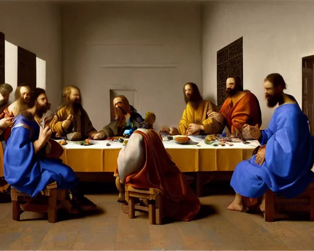 Image similar to beautiful glorious realistic oil painting of the last supper, baroque style by vermeer, highly detailed and photorealistic, 8 k high detail and intricate