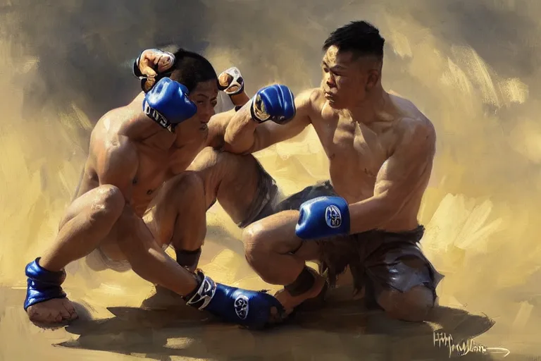 Image similar to greg manchess portrait of a filipino mma fighter defeated on the ground in an arena battle, organic painting, sunny day, matte painting, bold shapes, hard edges, street art, trending on artstation, by huang guangjian, gil elvgren, ruan jia, randy vargas, greg rutkowski