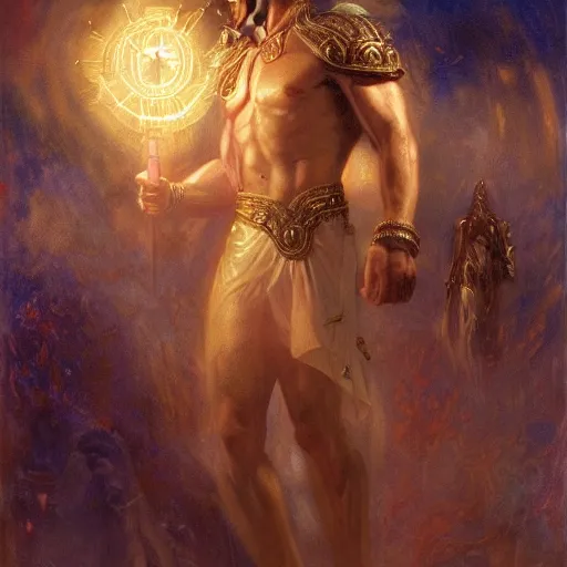 Image similar to attractive male deity casts light spell, summons attractive male lucifer morningstar. highly detailed painting by gaston bussiere, craig mullins, j. c. leyendecker 8 k