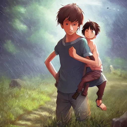 Prompt: Boy wandering with small creature on shoulder, made by Studio Ghibli, cinematic lighting, raining storm, highly detailed art, beautiful scene, artstation trending, sharp focus, smooth, artgerm