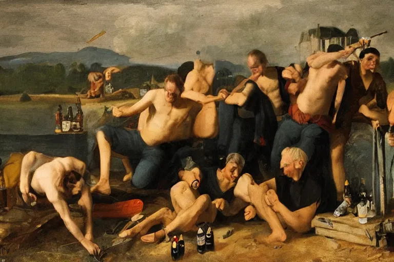 Prompt: mid - thirties guys binge drinking in front of a lake, in the style of skovgaard