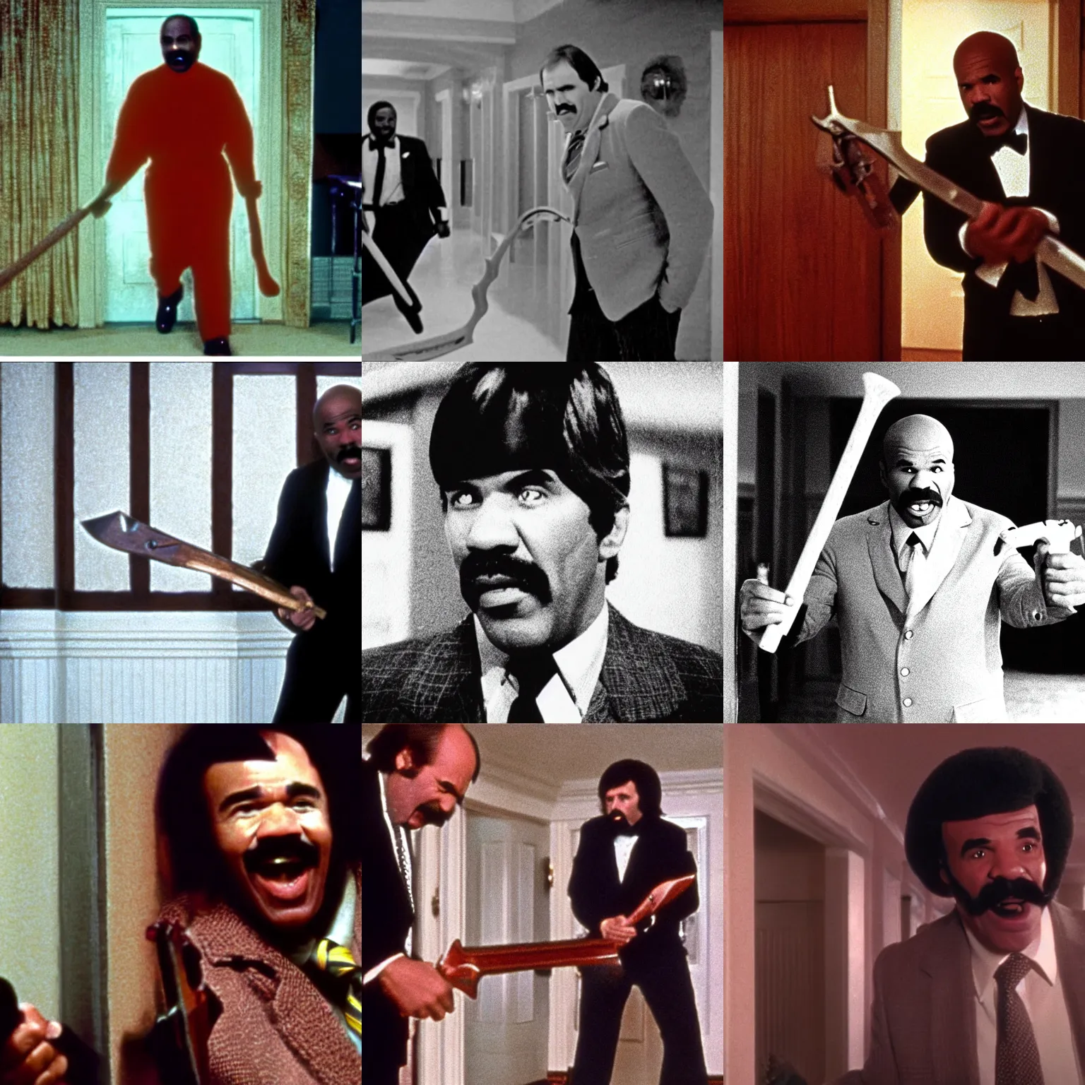 Prompt: film still of steve harvey in the shining ( 1 9 8 0 ), axe scene