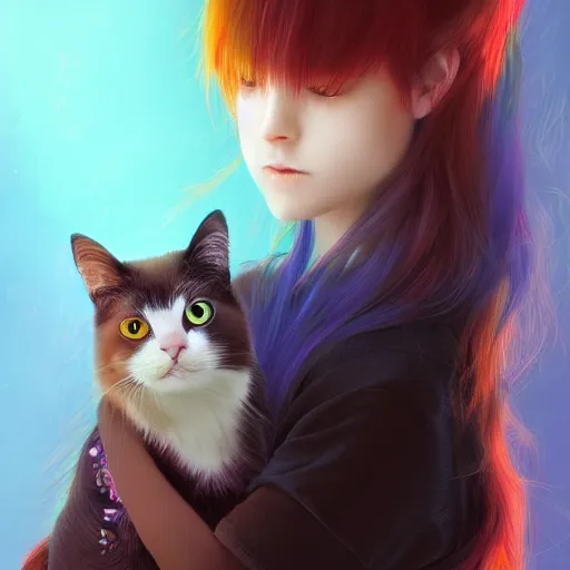 Prompt: girl with rainbow hair holding a cat, digital art, by Yoshitaka Amano, trending on artstation, 4k, highly detailed