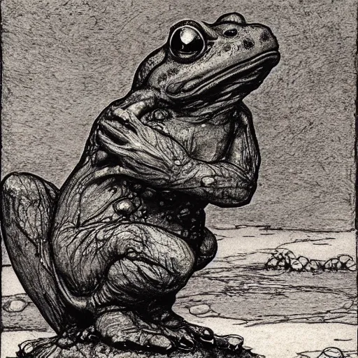 Prompt: toad philosopher toad in a pose The Thinker, in marshy swamp, by Auguste Rodin, illustrations by irish fairy tales james stephens arthur rackham, fairy tale illustrations, top cinematic lighting , cinematic mood, very detailed, shot in canon,