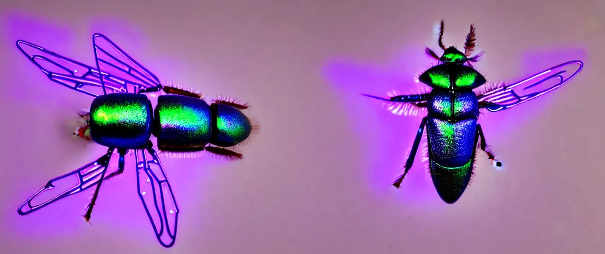 Image similar to high quality macro photo iridescent cyborg fly! jeweled very beautiful! highly detailed digital art david ligare elson peter cinematic purple neon lighting high quality low angle hd 8k sharp shallow depth of field