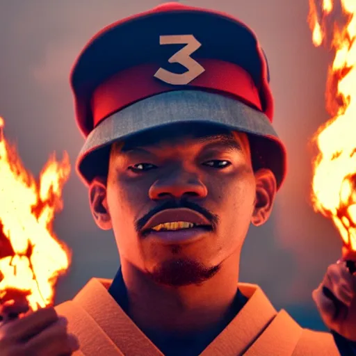 Image similar to cinematic film still of Chance The Rapper starring as a Samurai holding fire, Japanese CGI, VFX, 2022, 40mm lens, shallow depth of field, film photography