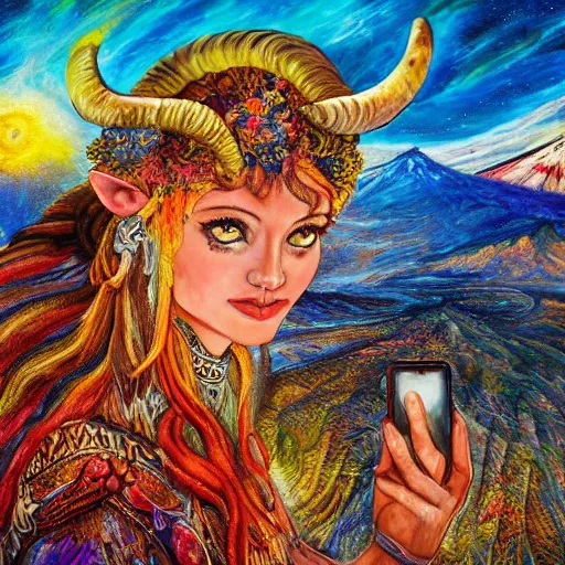 Prompt: painting by josephine wall, horned ram goddess checking her cell phone, erupting volcano and sunset in distance, flowers in foreground, zodiac, fantasy, acrylic on canvas, intricately detailed, highly detailed, high resolution, hdr, 8 k, trending on artstation