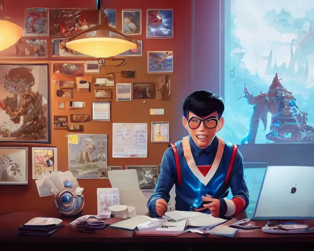 Image similar to an insanely detailed painting of a nerdy asian man wearing a superhero costume, sitting at a desk, staring at the nervously at the computer and typing, in the style of peter mohrbacher, dramatic lighting and composition, surreal background, octane render, pixar, trending on artstation, concept art, comic book, view from behind