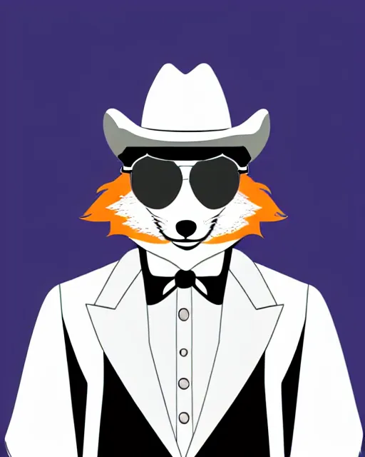 Prompt: highly detailed digital art portrait of anthropomorphic fox animal wearing a white suit, white cowboy hat, and reflective sunglasses, smoking cigar, fox animal, golf course in background, reflective aviator sunglasses, highly detailed digital art, furaffinity